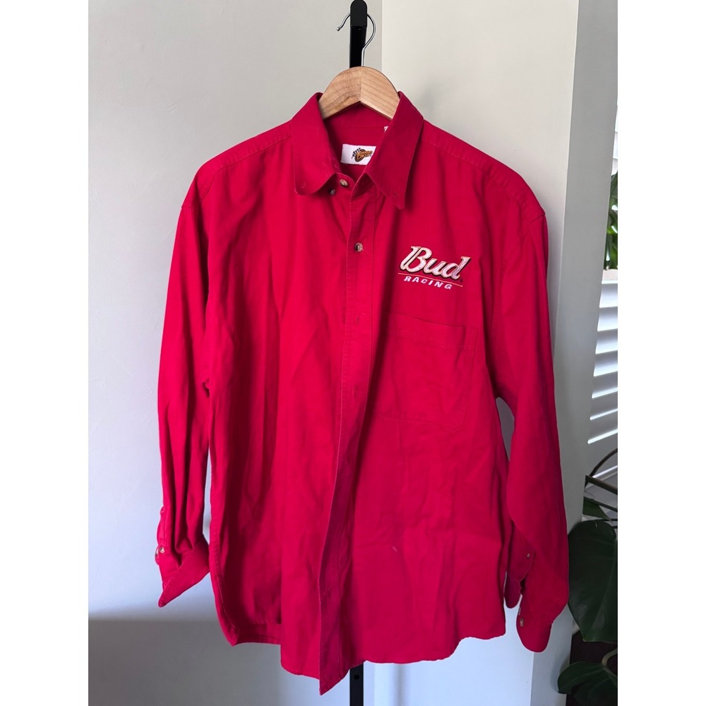 Bud Racing Men's Red Long‎ Sleeve Button Up Shirt XL "Winner's Circle"